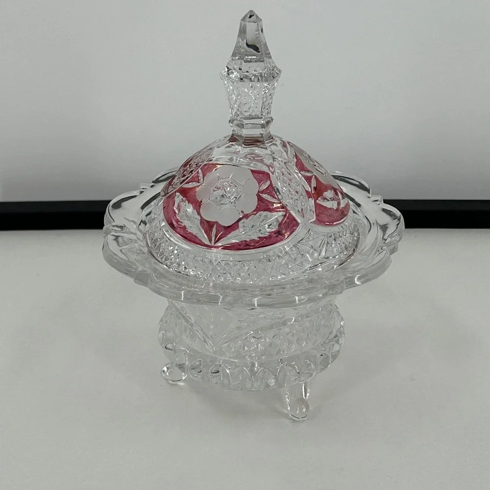 Vintage Footed Glass Candy Dish with Cranberry Flash Rose Lid Clear Pressed Bowl